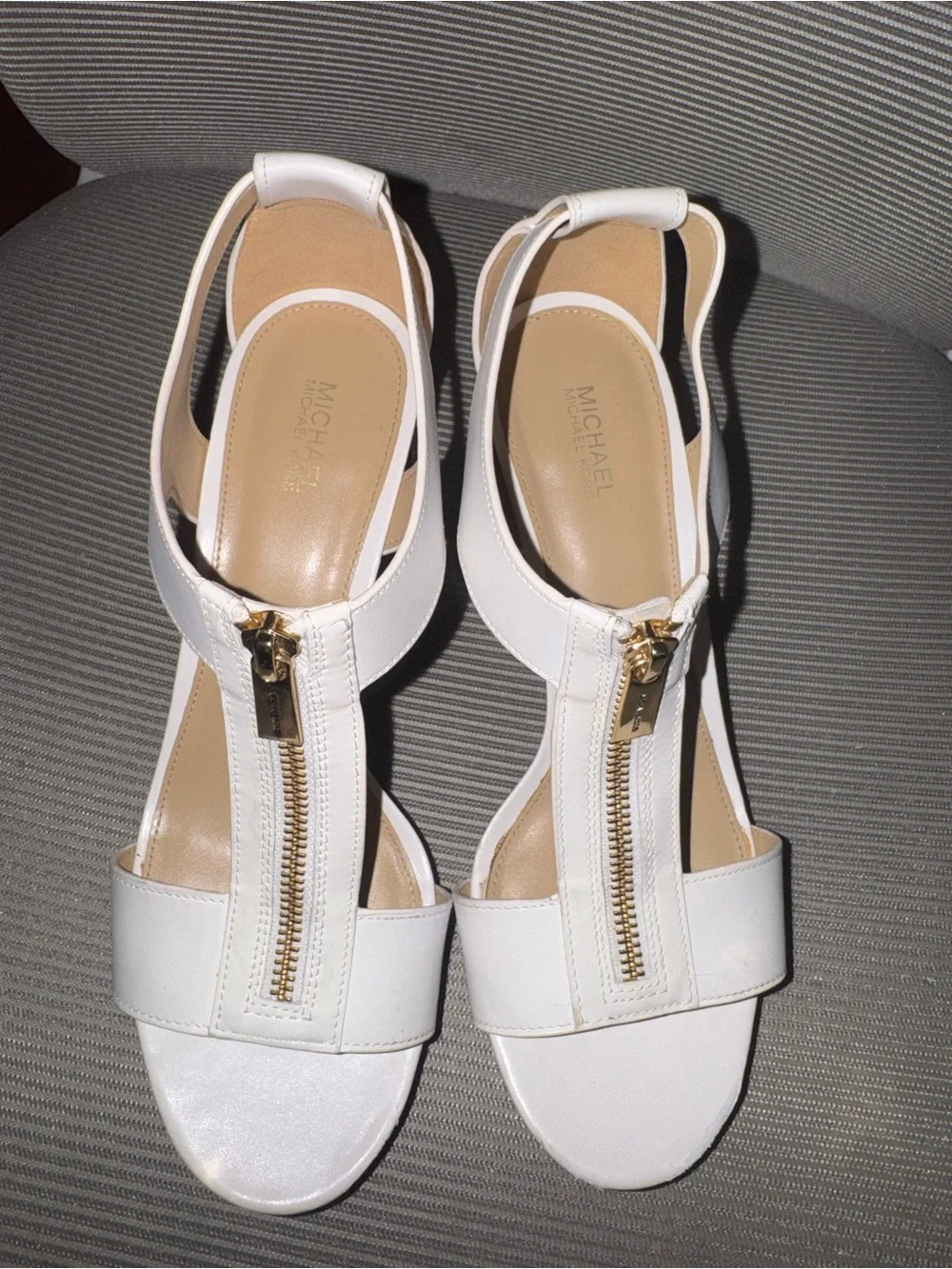 Michael Kors White Leather T‑Strap Platform Block Heels with Gold Zip Pull